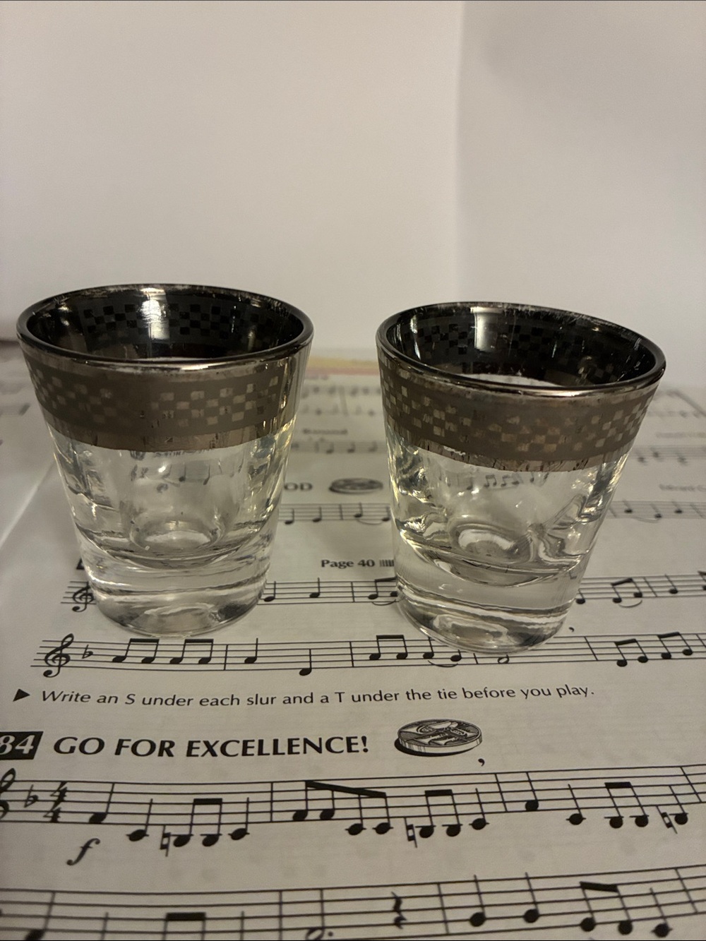 MCM Silver Rimmed Checkerboard Glass Shot Glasses - Set of 2